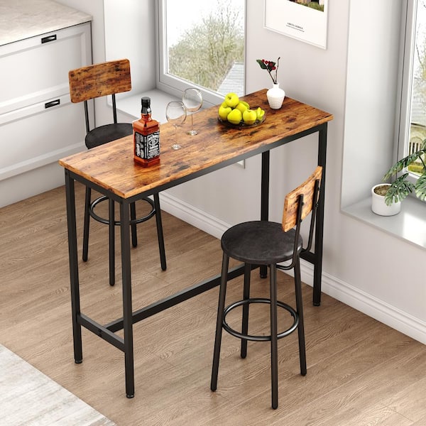 Industrial 3-Piece Rectangle Rustic Brown Wooden Top Bar Table Set with 2 Faux Leather Upholstered Bar Stools for Two