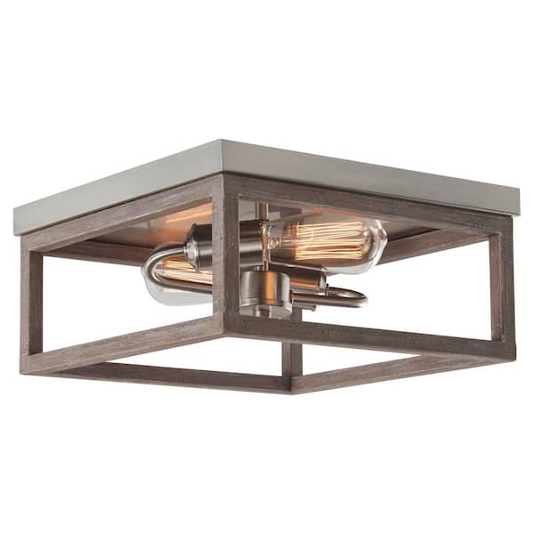 Boswell Quarter 12-1/2 in. 2-Light Brushed Nickel Farmhouse Flush Mount with Painted Weathered Gray Wood Accents