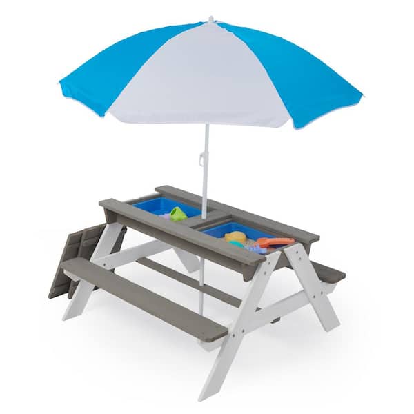 3 in 1 Gray Outdoor Children's Wooden Picnic Table with Umbrella, Convertible to Sand and Water Table