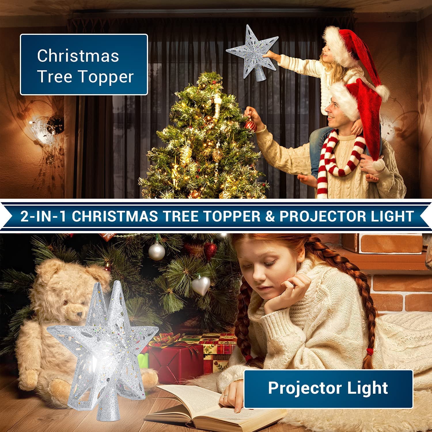 Indoor Glitter Lighted Gold Shinning Plastic Star Projector Christmas Tree Topper with Rotating Snowflake Projector 10