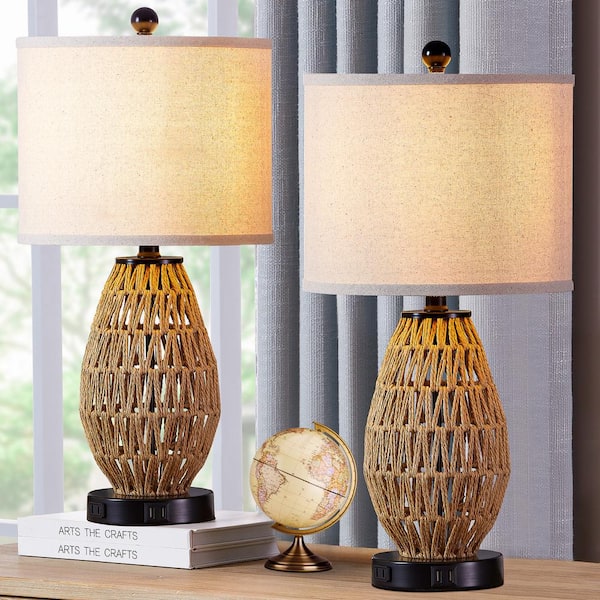 Adone 23 in. H Brown Touch Control Rattan Table Lamp with USB Ports and AC Outlets