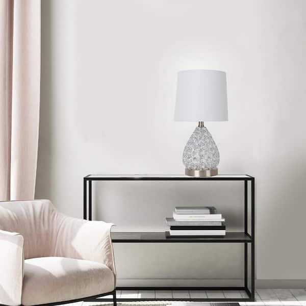 17 in. Clear Crystal and Brushed Steel Table Lamp with White Fabric Drum Shade