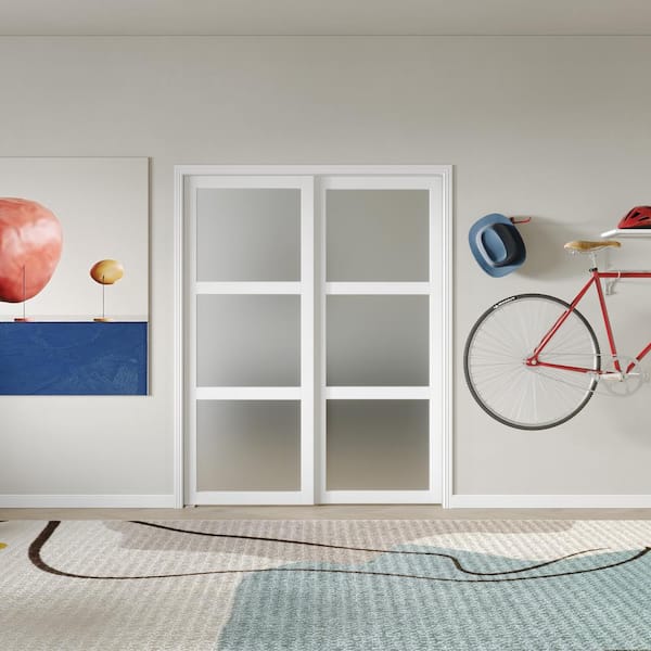 60 in. x 80 in. MDF, White Double Frosted 3-Panel Glass Sliding Door with All Hardware