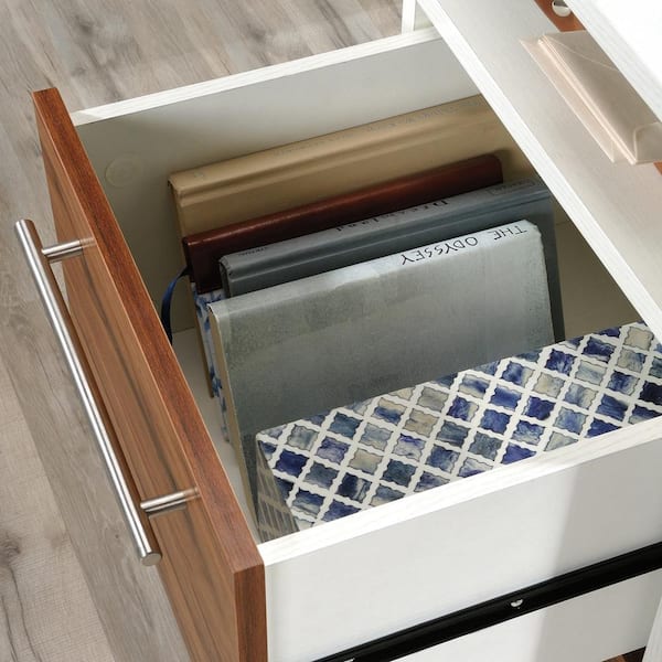 Vista Key 59 in. L-Shaped Pearl Oak with Blaze Acacia Engineered Wood 2-Drawer Desk