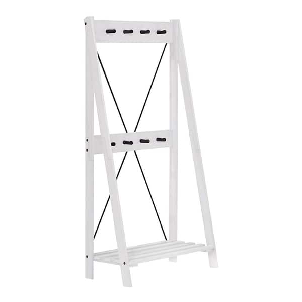 White Wash Wood and Metal Farmhouse Hall Tree with Shoe Rack