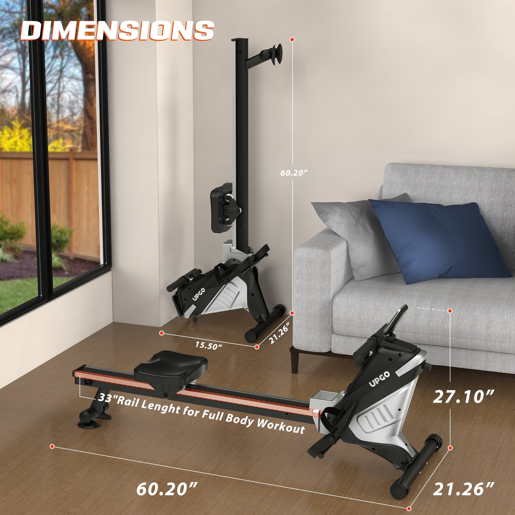 Upgo Rower Magnetic Rowing Machine for Home Use 300lbs Max Weight Indoor Rower with 8 Level Adjustable Quiet Magnetic Resistance and LCD Monitor