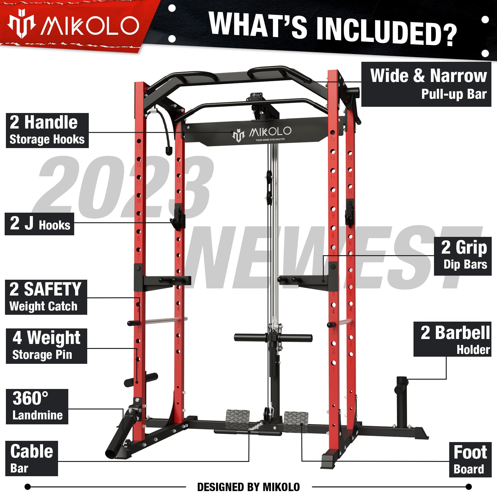Mikolo Power Rack Cage with LAT Pulldown System,1200LBS Capacity Power Rack with 800 lbs Capacity Weight Bench Combo, Multi-Functional Squat Rack (Upgraded)