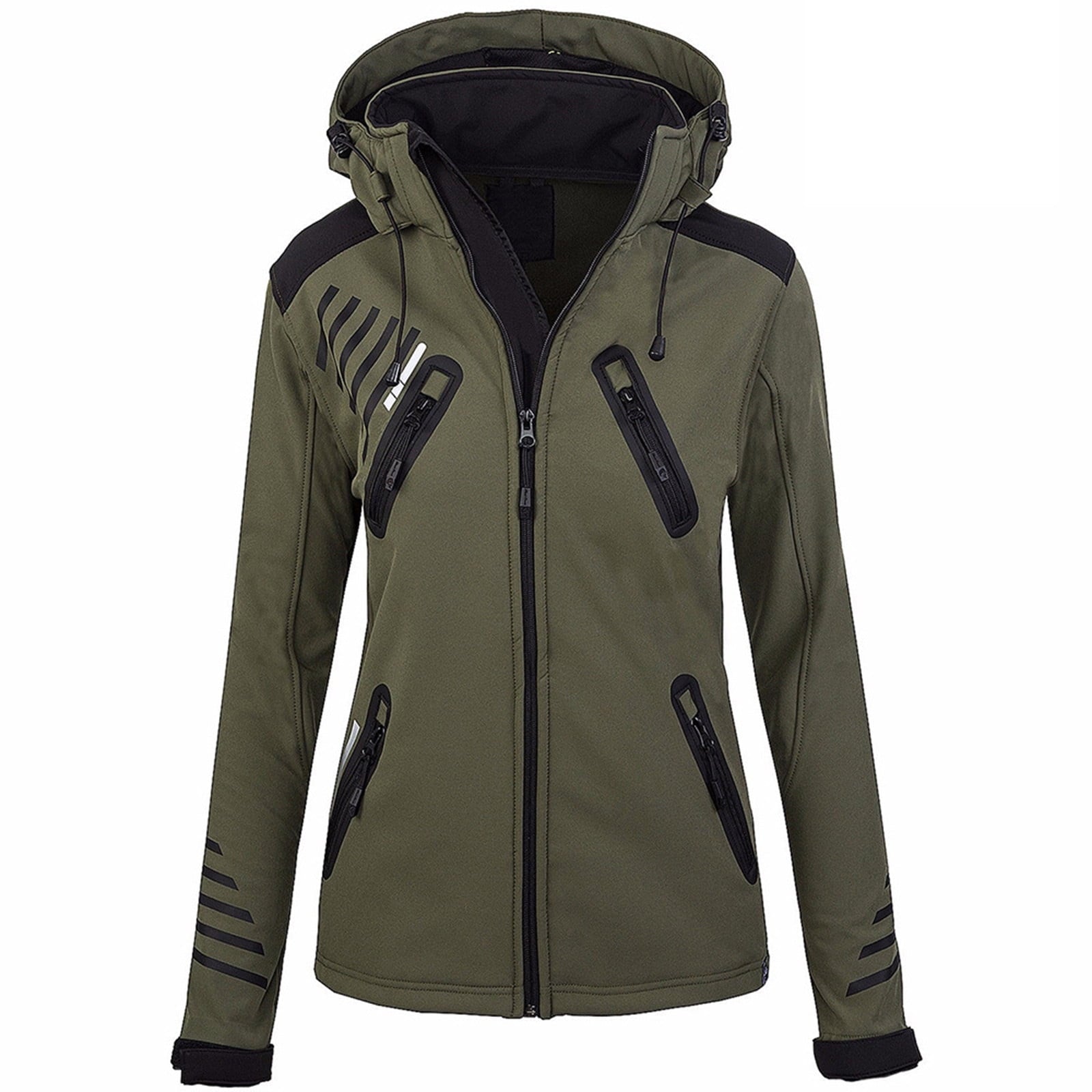 Lovskoo Winter Jackets for Women Fleece Lined Raincoat Wind Breakers Hiking Zip Up Hooded Outwear Rain Jacket Trench Coat Olive Green