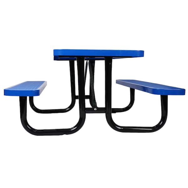 6 ft. Blue Rectangular Outdoor Steel Picnic Table with Umbrella Pole