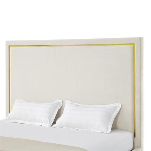 Creed Bed Beige Velvet Queen Upholstered Powder Coated Gold Frame and Base
