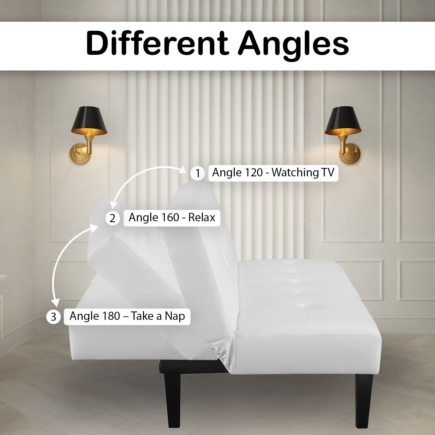 Button Tufted Futon Sofa Bed, Faux Leather Futon Couch, Modern Convertible Folding Sofa Bed Couch with Wooden Legs White