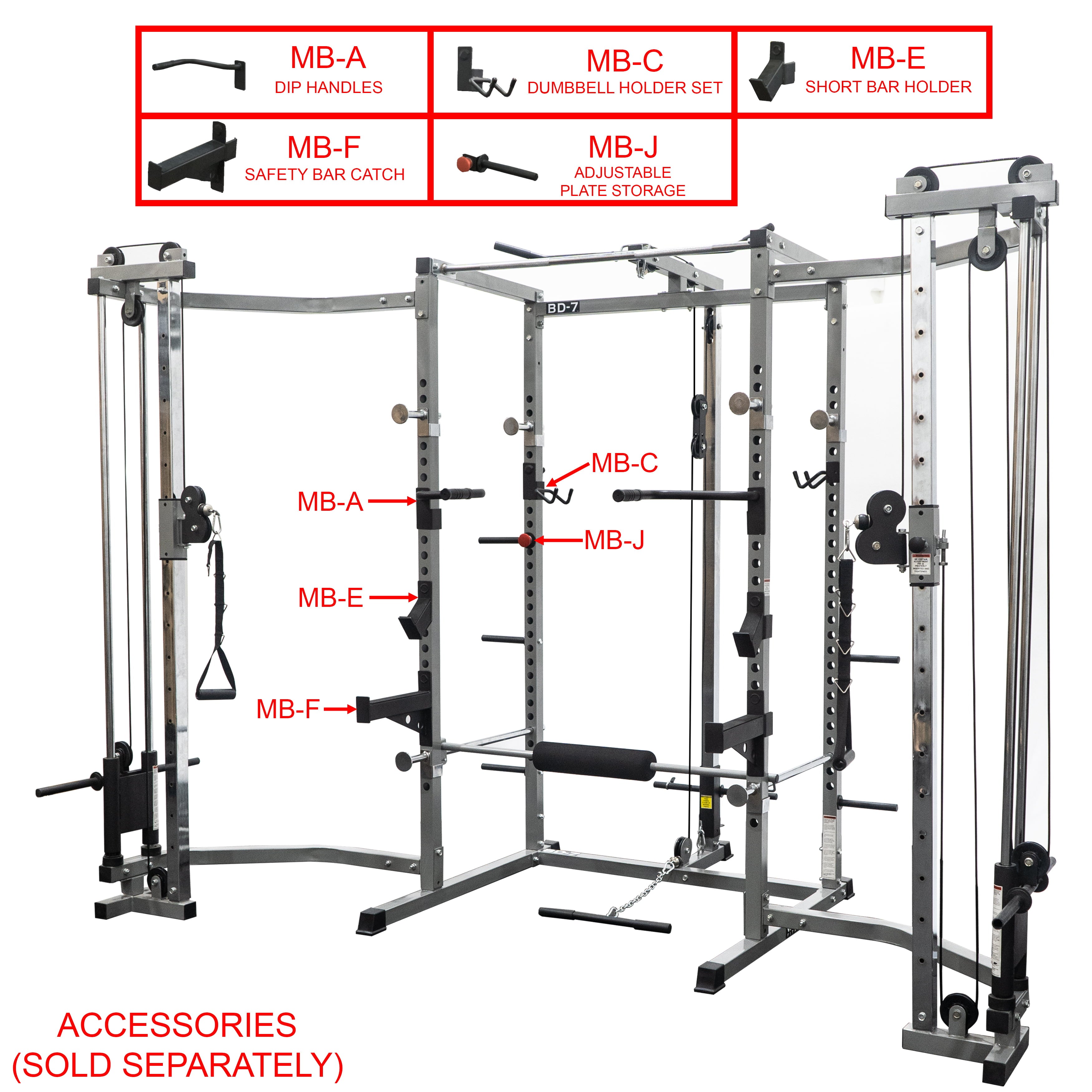 BD-7BCC Power Rack with Lat Pull & Cable Crossover Attachments