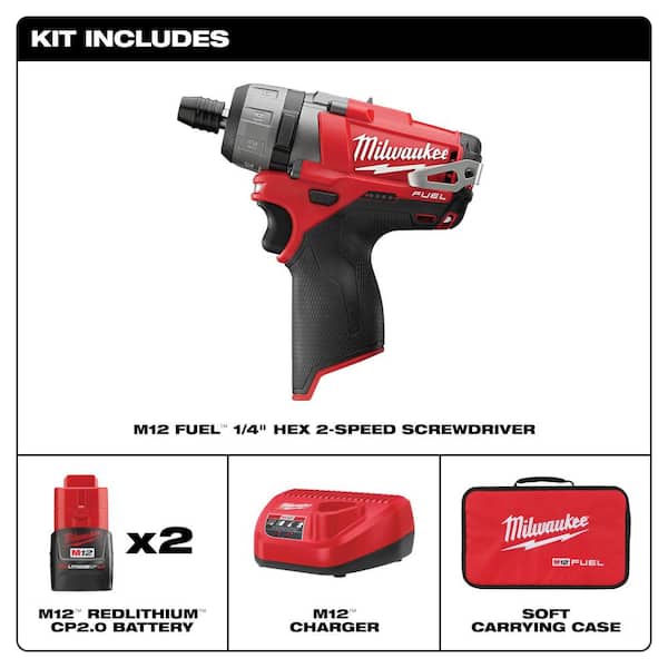 M12 FUEL 12V Lithium-Ion Brushless Cordless 1/4 in. Hex 2-Speed Screwdriver Kit W/(2) 2.0h Batteries & Bag
