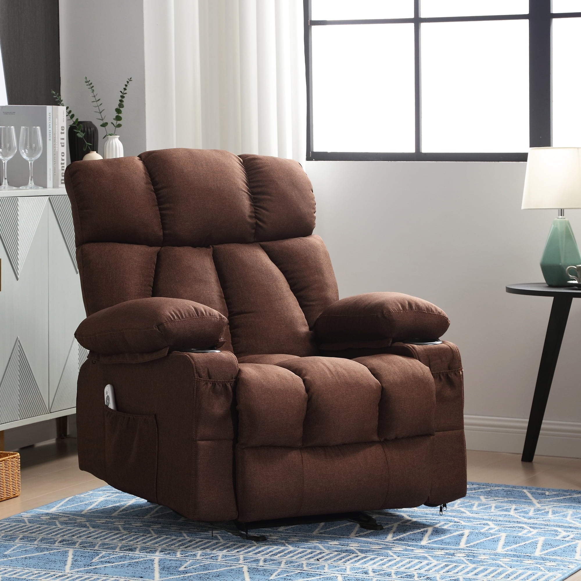 JONPONY Manual Recliner Chair with Heat Therapy and Massage Function, Heavy Duty Reclining Mechanism Massage Chair, Elderly Single Rocker Sofa with Cup Holders for Bedroom Home Theater,Brown