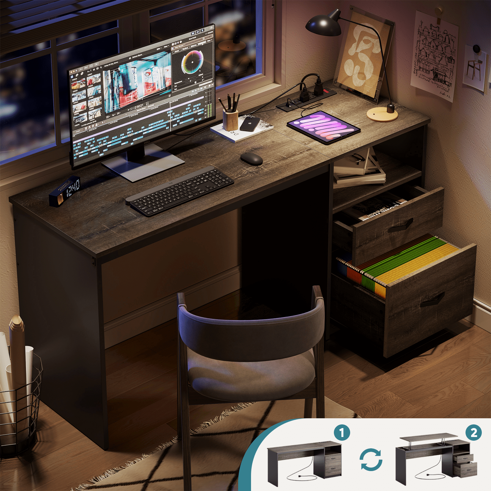 Bestier Computer Desk with Drawers Power Outlet  60