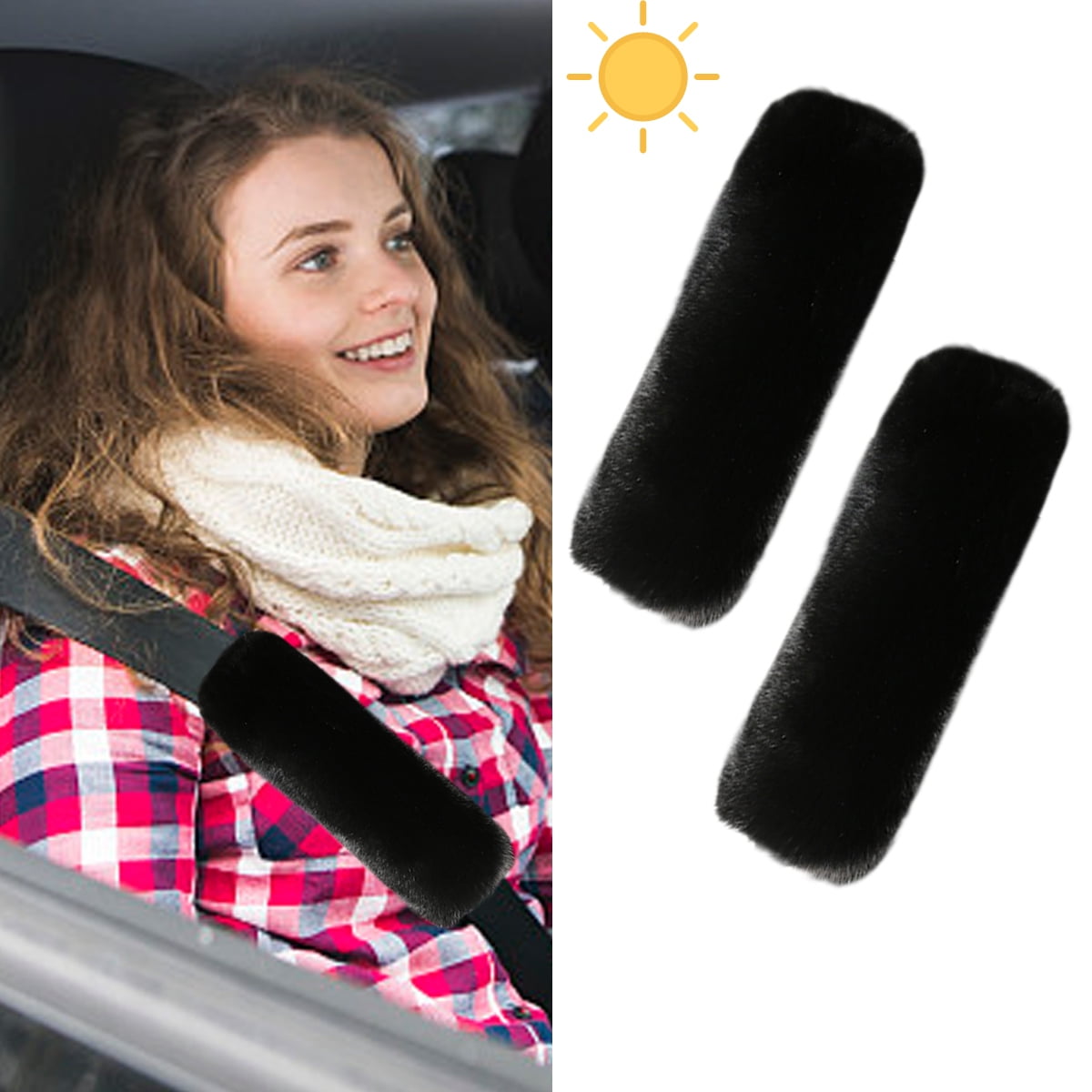 5 PCS Faux Rabbit Fur Fuzzy Steering Wheel Cover Soft Warm Winter Gear Knob Shift Handbrake Fluffy Cover Seat Belt Pads Kit Universal Fit Black Car interior Accessory for Women