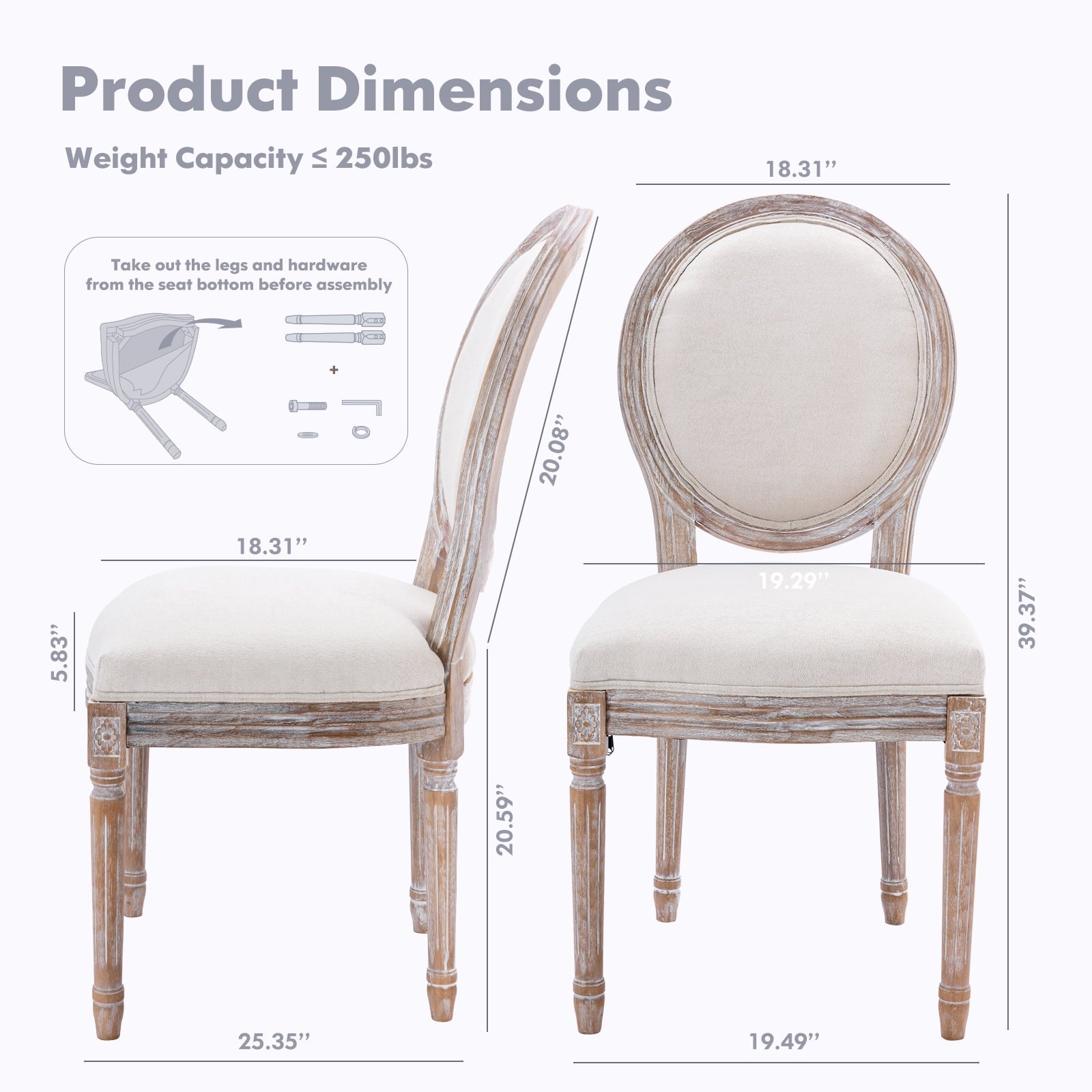 Colamy Country Vintage Beige Corduroy Dining Chairs Set of 2 Upholstered Accent Chair for Living Room