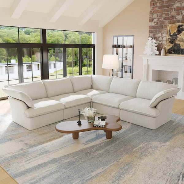 122.82 in . W Flared Arm Linen 5-piece Free combination Modular Sectional Sofa with Pillow in White