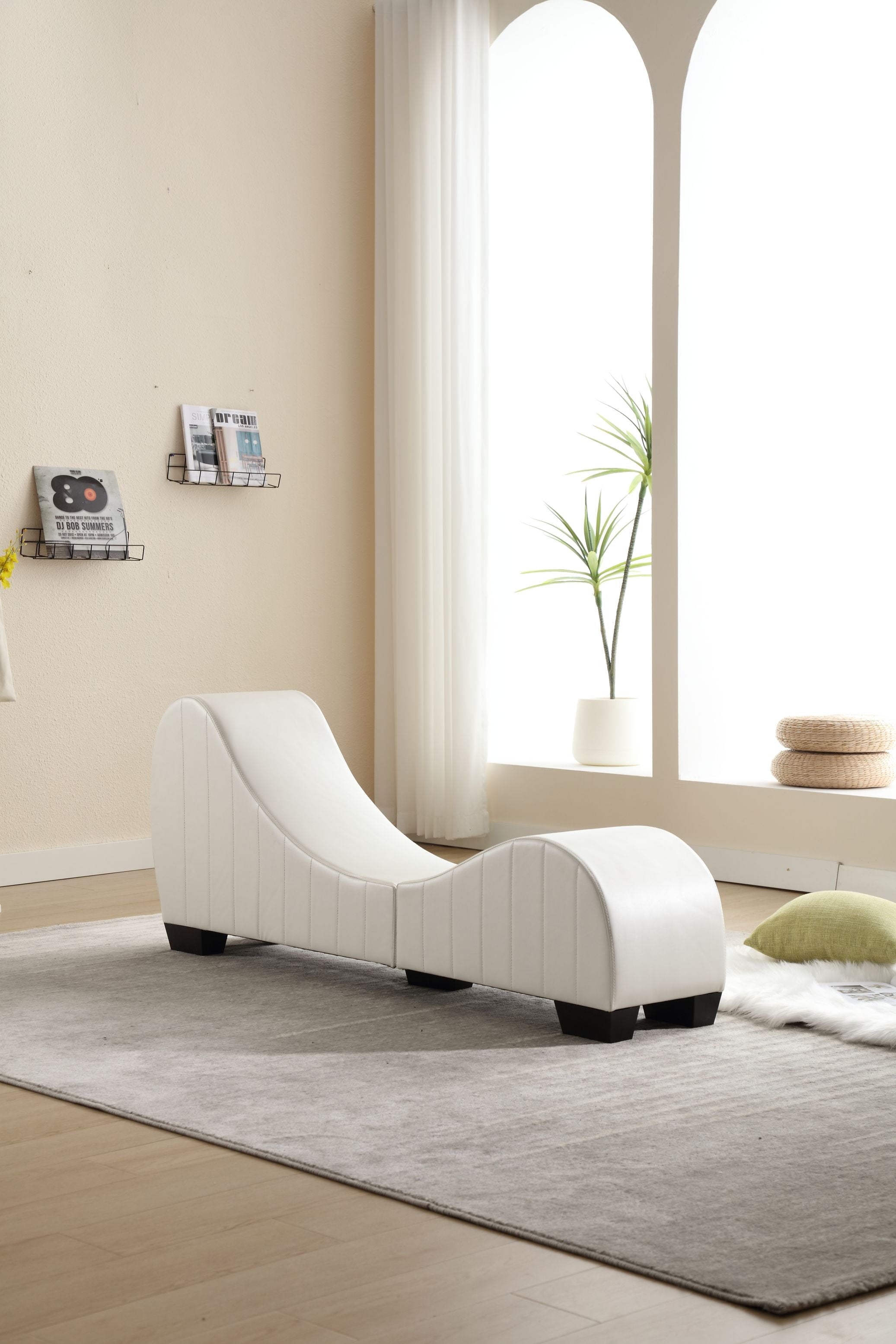 Walkfairy Yoga Chaise Lounge for Stretching & Relaxation Modern Faux Leather Curved Sofa, Modern Faux Leather Curved Sofa, Living Room Bedroom Accent, White