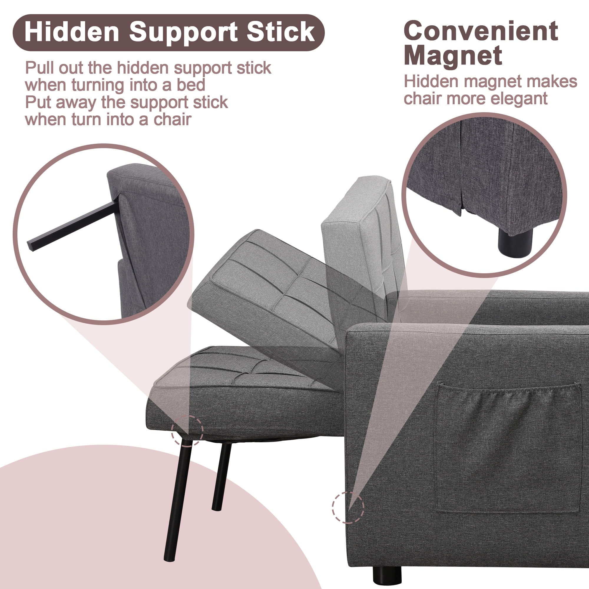 Tolead 3-in-1 Convertible Sofa Bed Sleeper Chair with Adjustable Backrest, Gray