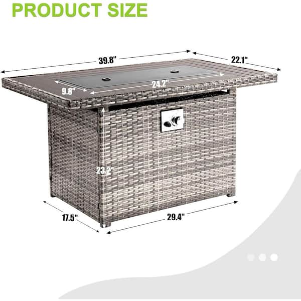 Gray 40 in. 50000 BTU Rectangular Wicker Outdoor Propane Fire Pit Table with Storage Space, Lid and Rain Cover