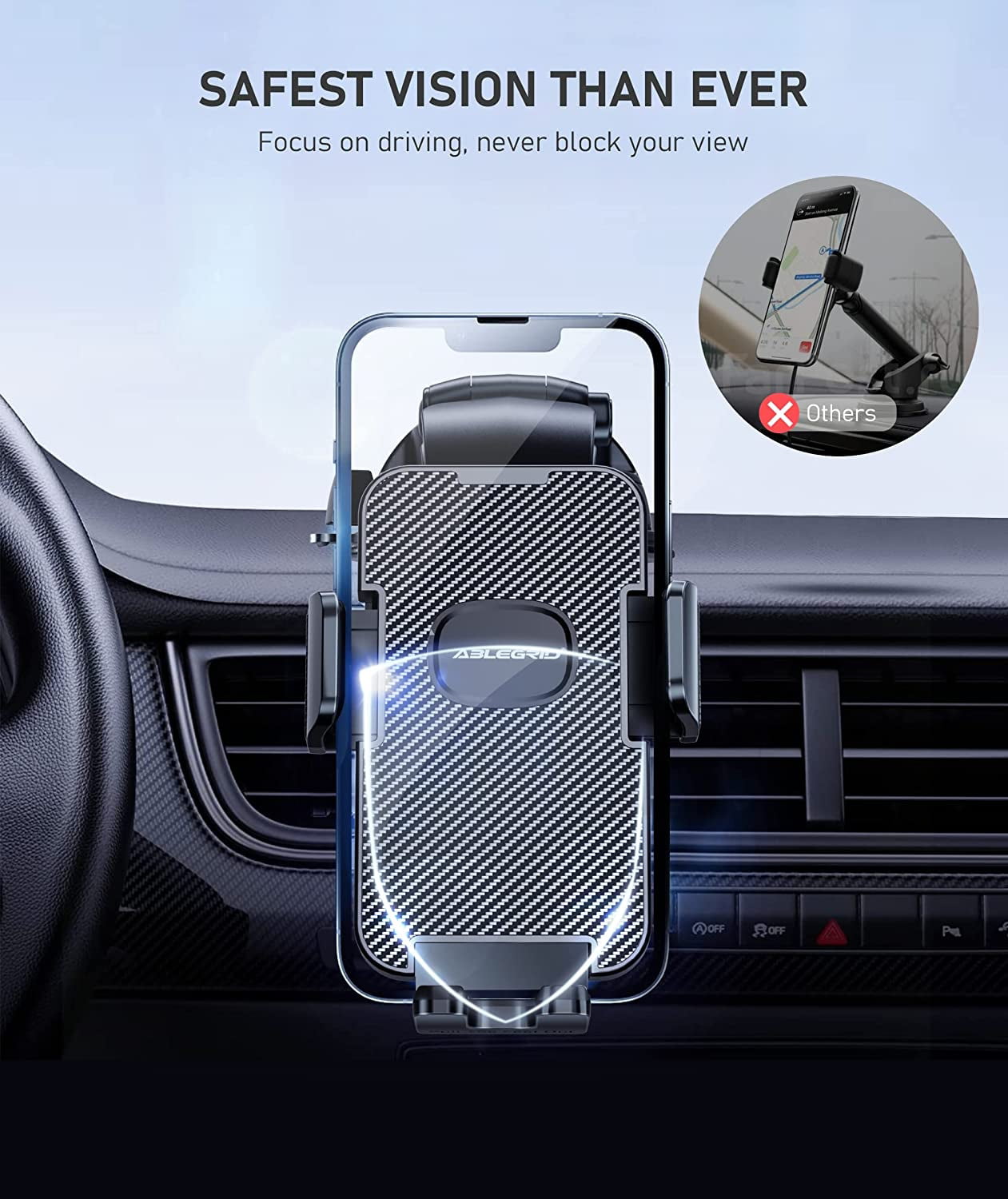 ABLEGRID Car Phone Mount, [Bumpy Roads Friendly] Powerful Suction Cup Phone Holder for Car Dashboard Windshield Air Vent Hands Free Clip Cell Phone Holder Compatible with All Mobile Phones