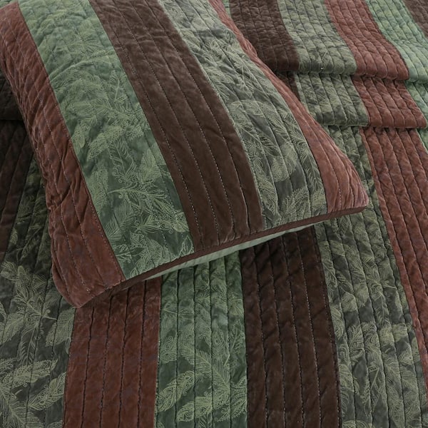 Rich Warm Chocolate Forest Country Wood Leaves 3-Piece Dark Brown Green Stripe Cotton King Quilt Bedding Set