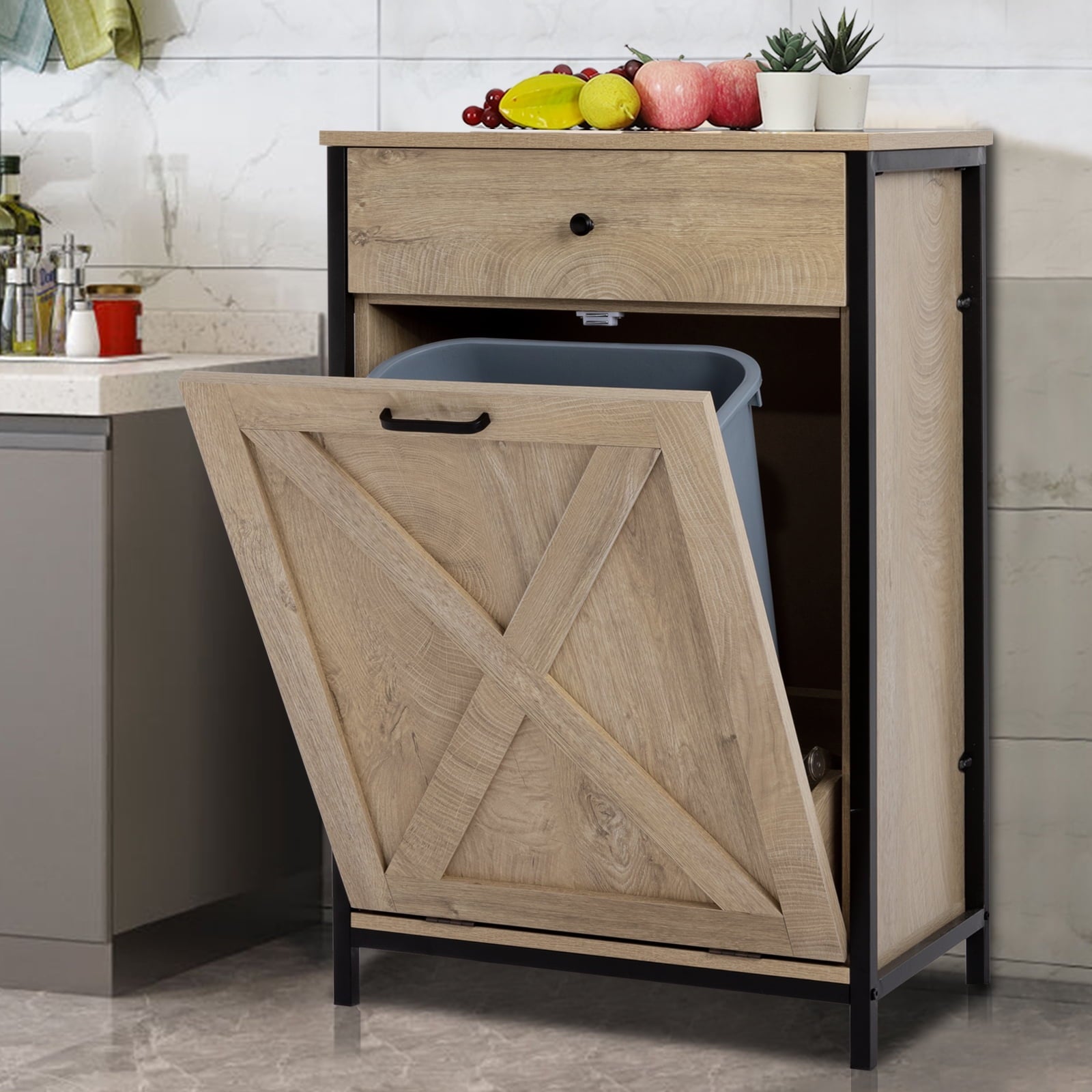Eclife 10 Gallons Tilt Out Trash Cabinet Freestanding Floor Rustic Solid Wood Barn Door and Storage Drawer Kitchen Island