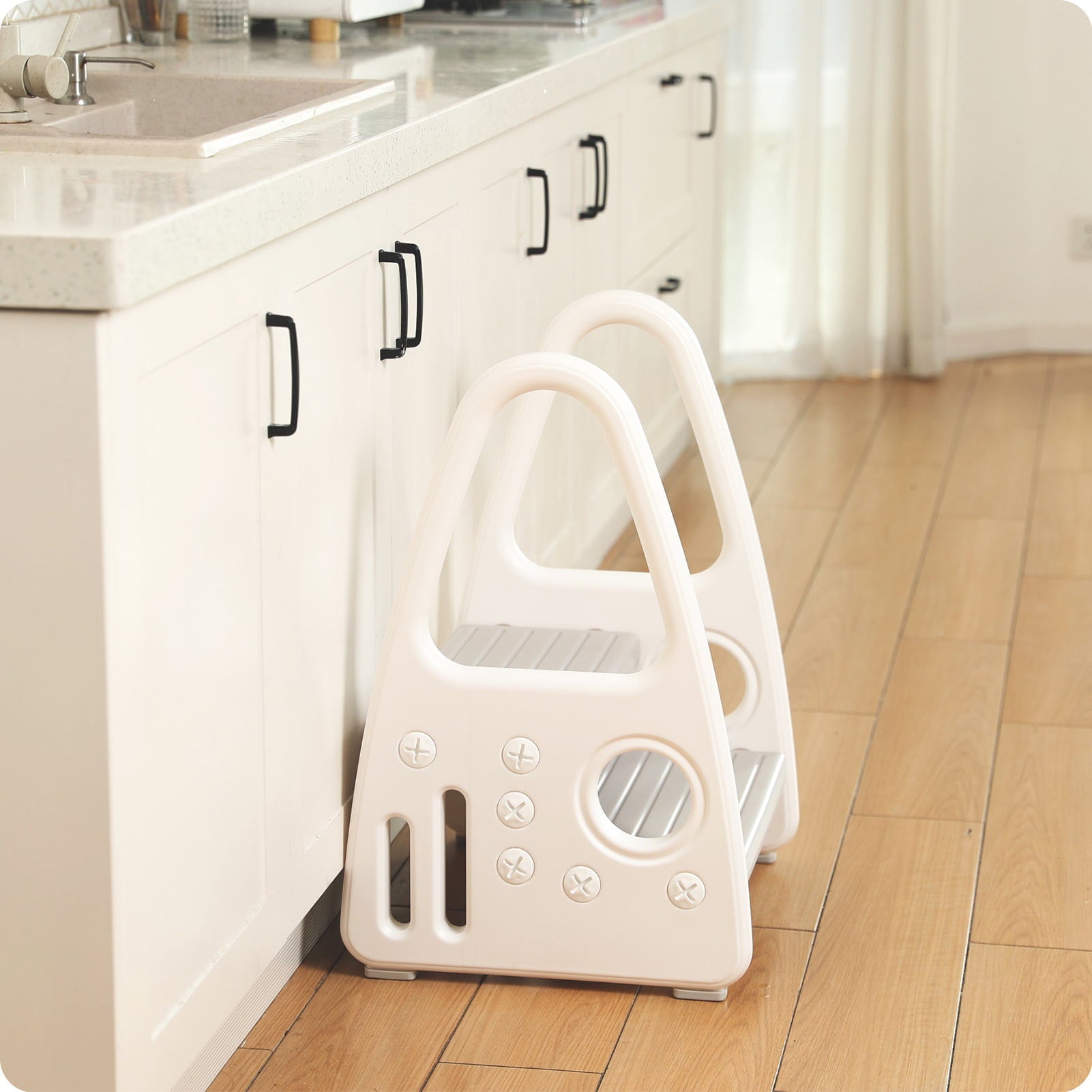 Mangohood Toddler Step Stool, Kids Two Step Tower for Bathroom Sink, Toilet Potty Training, Kitchen Counter, Children Step Up Learning Helper with Safety Handles and Non-Slip Pads,Gray