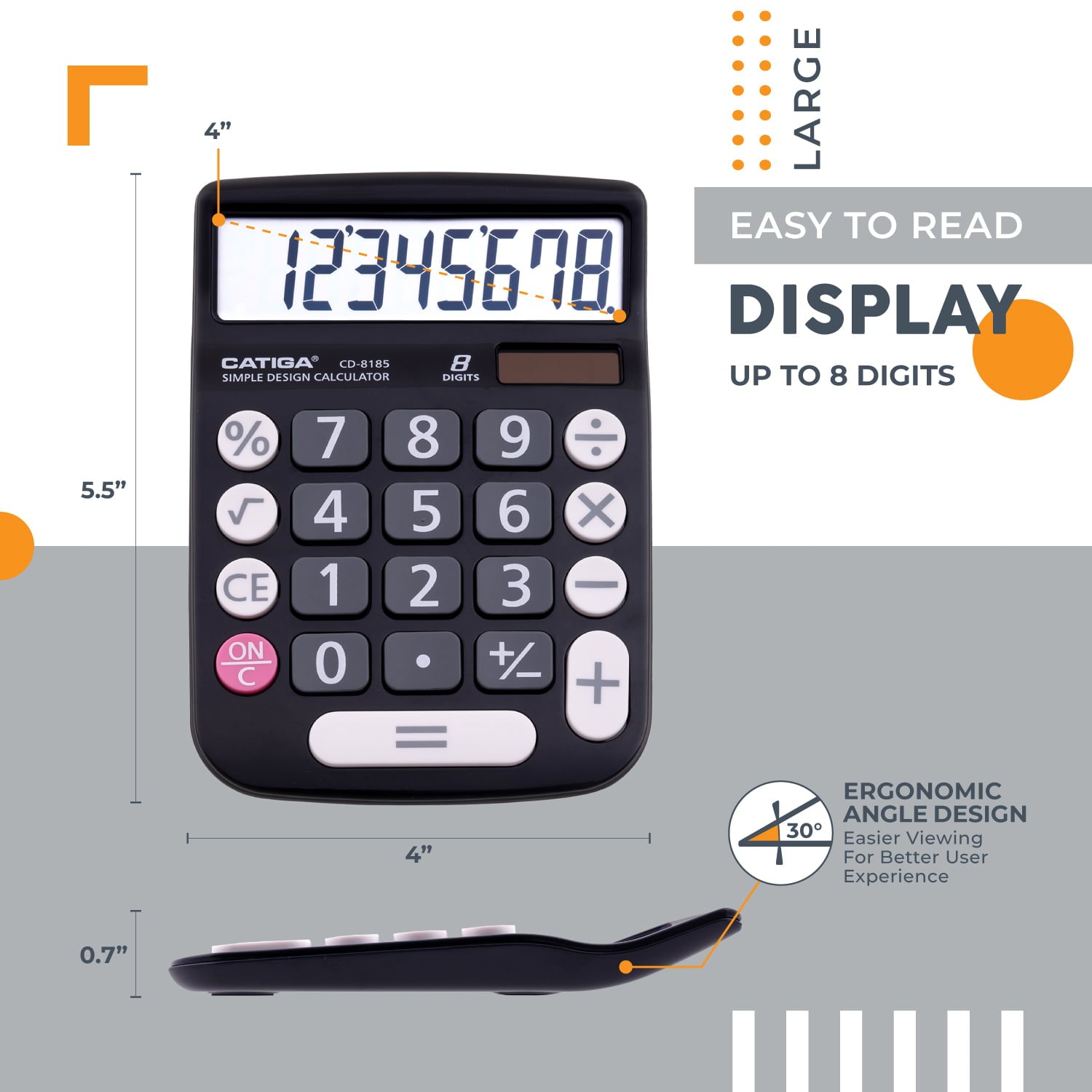 CATIGA CD-8185 Calculator Large LCD & Buttons 8 Digit Dual Power Home Office School (Black)