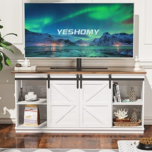 YESHOMY Farmhouse TV Stand and Entertainment Center for Televisions up to 65 ...