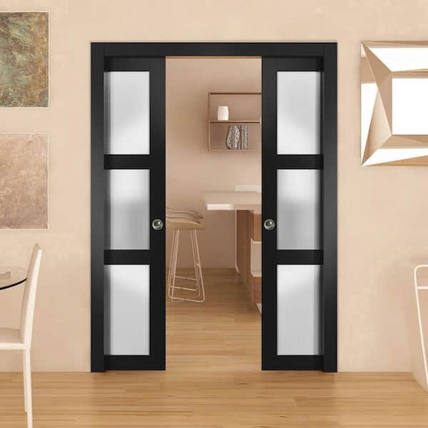 48 in. x 96 in. 3 Panel Black Finished Pine Wood Sliding Door with Double Pocket Hardware