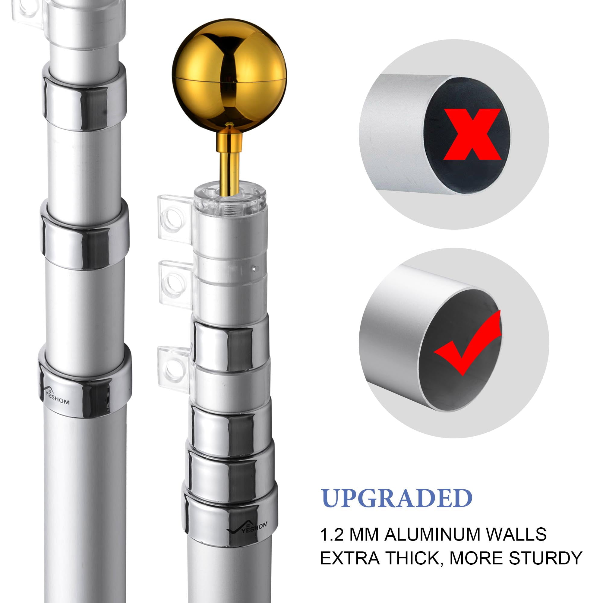 Yescom 20 Ft Telescopic Aluminum Flag Pole Free 3'x5' US Flag & Ball Top Kit 16 Gauge Telescoping Flagpole Fly 2 Flags