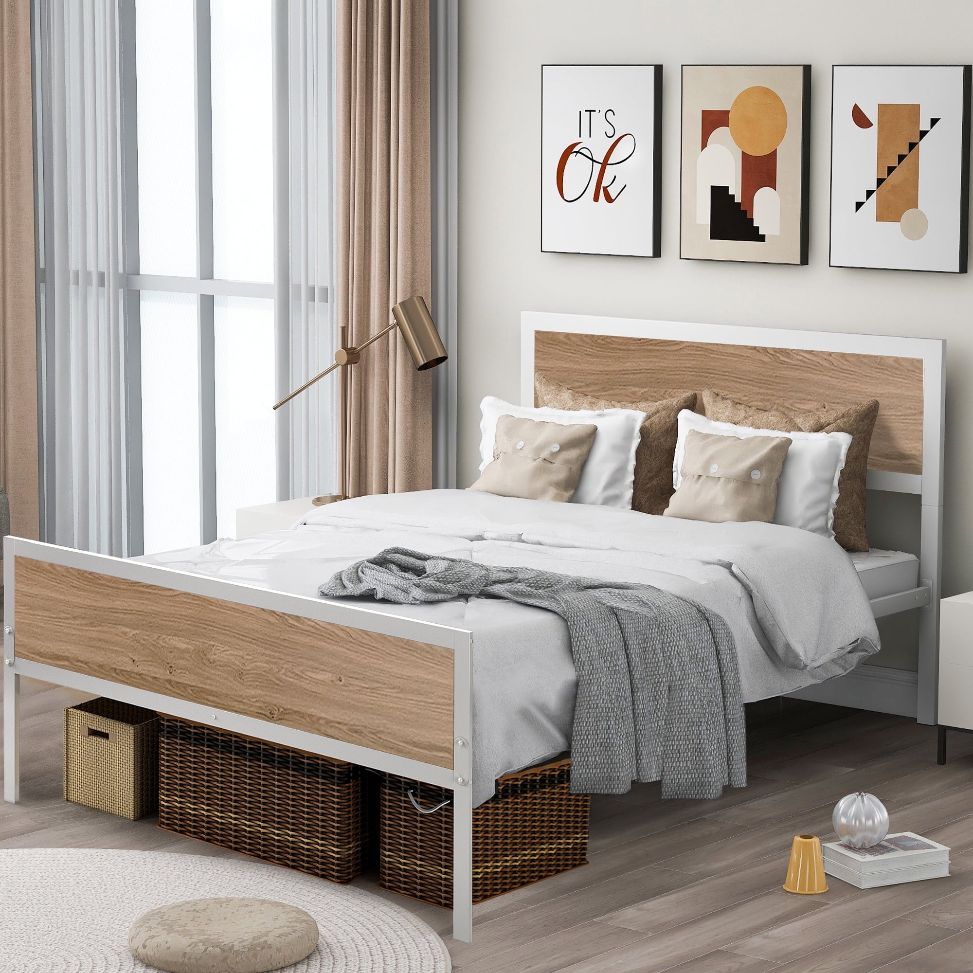 White Iron Platform Bed Frame Full Size with Vintage Headboard and Footboard, Metal Full Bed Frame Mattress Foundation with Strong Slat Support