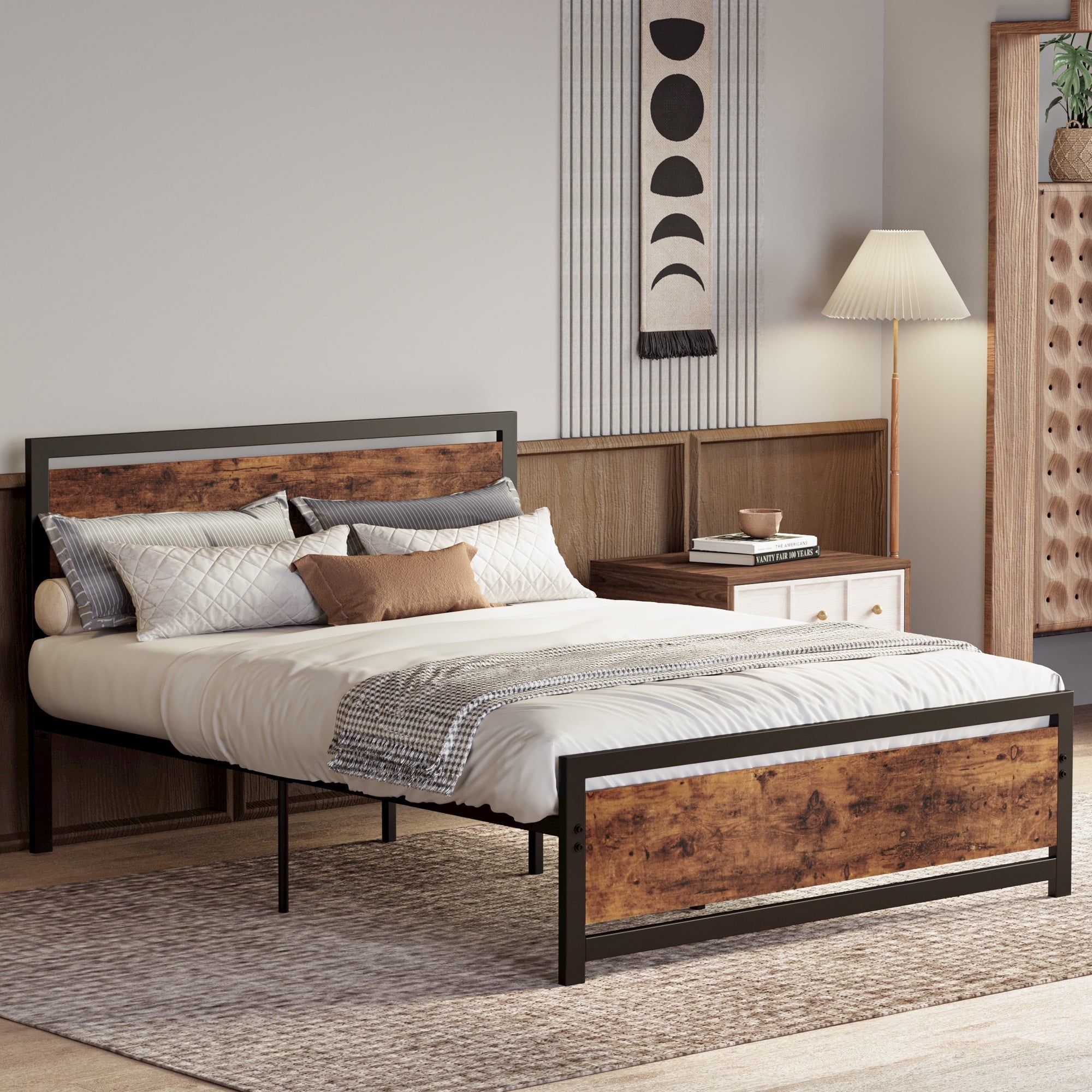 LIKIMIO Industrial Full Bed Frame with MDF Headboard, Strong Supports
