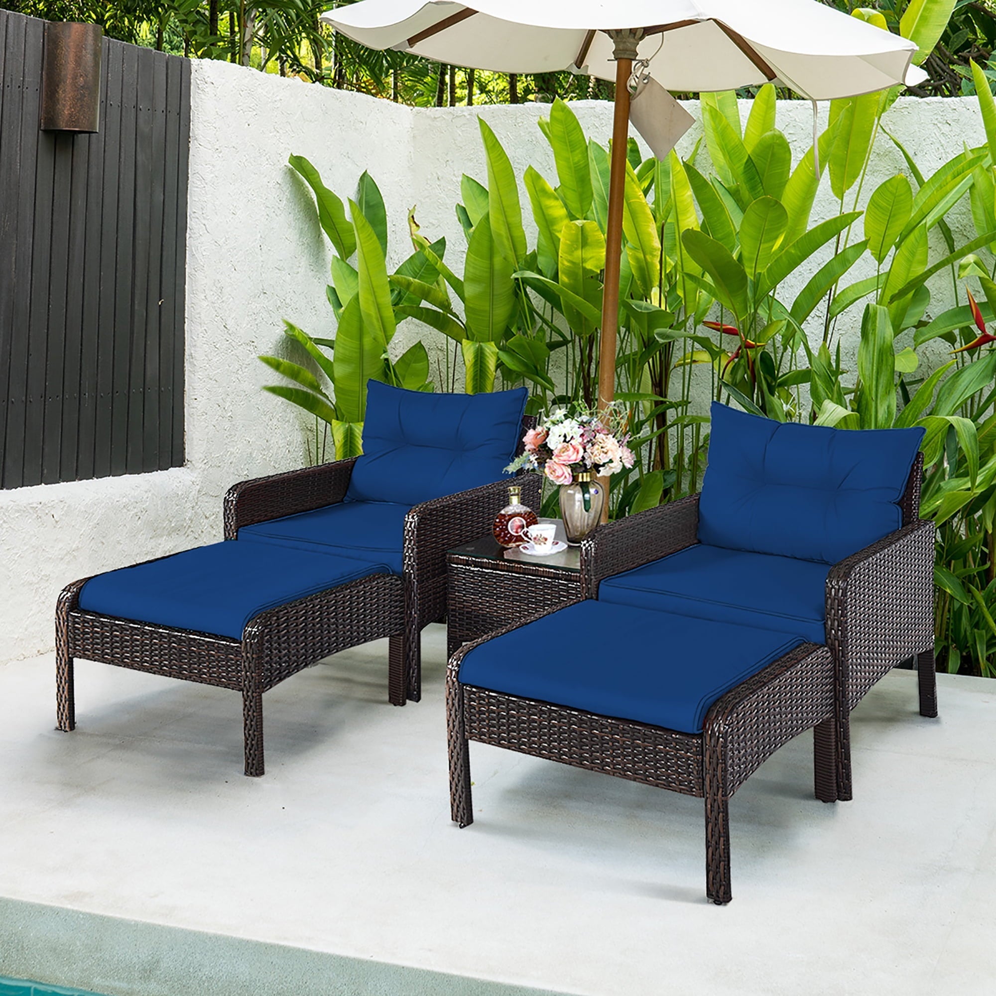 Costway 5 PCS Patio Rattan Wicker Furniture Set Sofa Ottoman Coffee Table Cushioned Navy