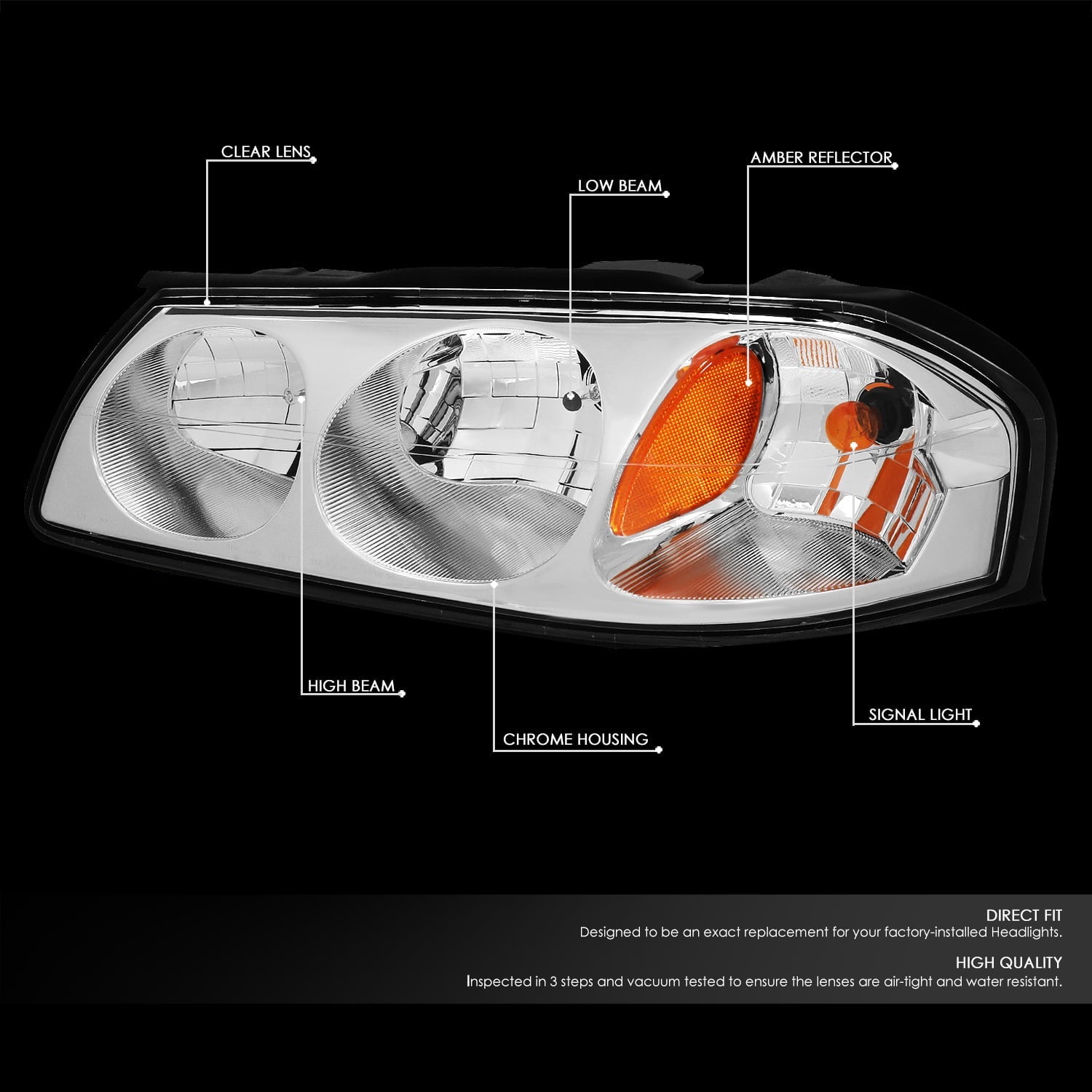 DNA Motoring HL-OH-CI00-CH-AM For 2000 to 2005 Chevy Impala 8th Gen Pair Headlight Chrome Housing Amber Corner Headlamp 01 02 03 04 Left + Right