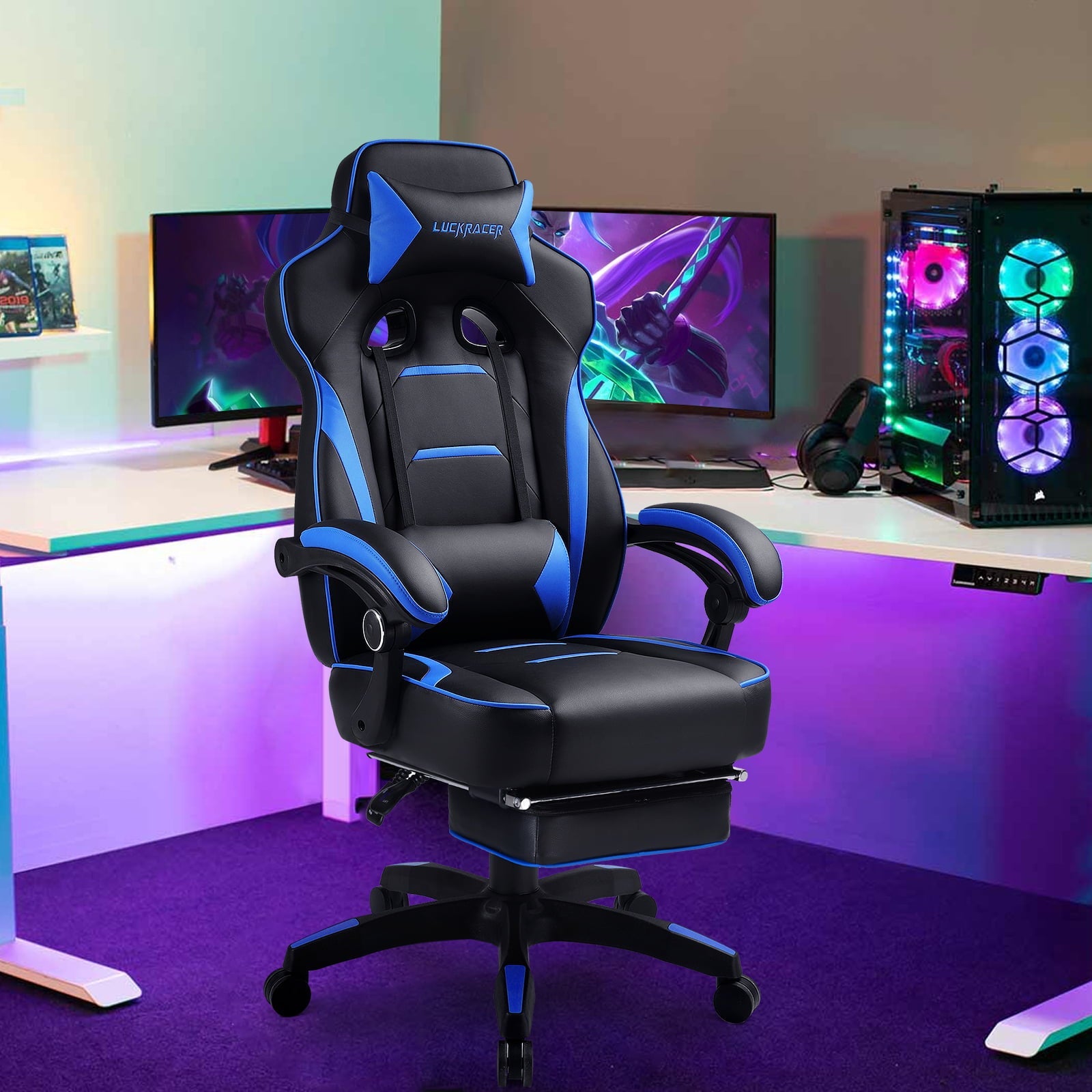 Luckracer Gaming Chair in Home with Footrest PU Office PC Chair, Blue