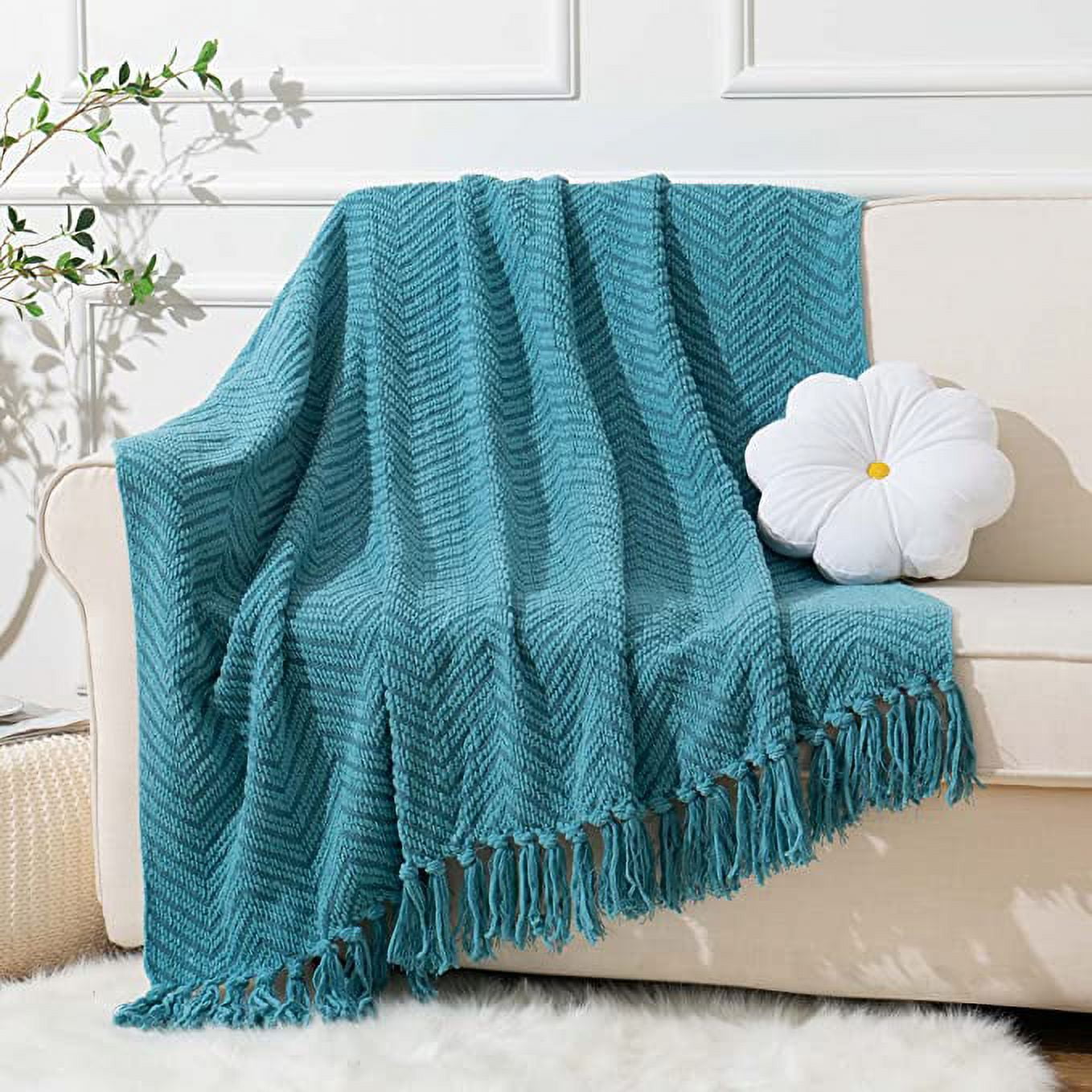 Battilo Teal Throw Blanket for Couch, Knit Woven Turquoise Blankets Versatile for Chair, Super Soft Warm Decorative Blanket with Tassels for Bed, Sofa and Living Room, 50