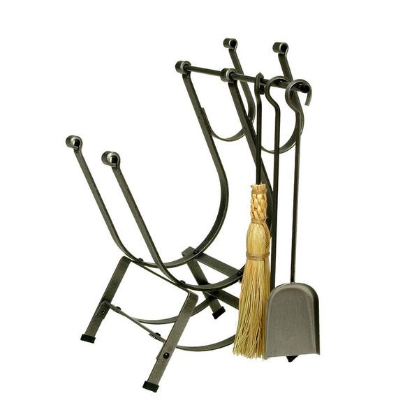 Handcrafted Front Loading Firewood Rack with Tools Hammered Steel