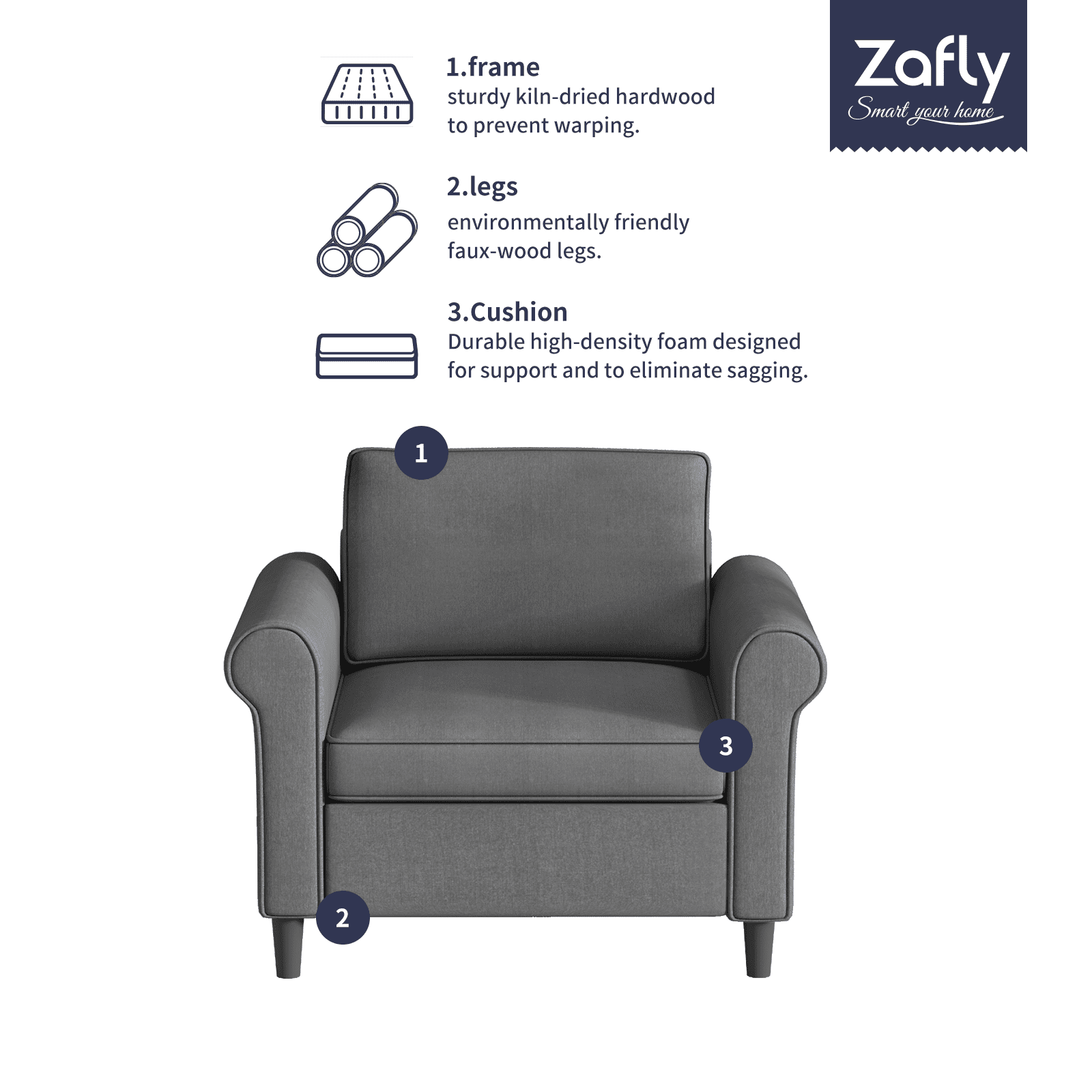 ZAFLY Modern Sleeper Sofa | Sectional Single Couch, DIY Combination for Living Room | Natural Fabric, Cotton and Linen | Wooden Frame, Durable and Sturdy- Dark Gray
