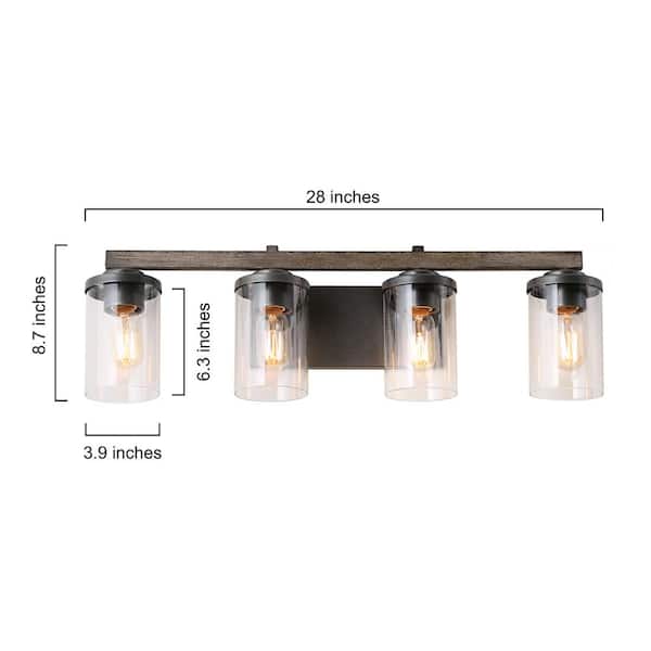28 in. 4-Light Rust Black Farmhouse Bathroom Vanity Light with Brushed Faux Wood/Gray Accents and Clear Glass Shades