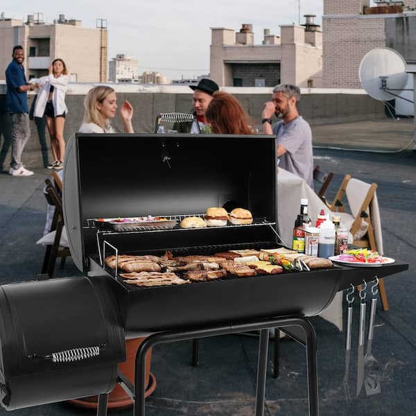 30 in. Smoker Black Barrel Charcoal Grill with Offset Smoker with Cover For Outdoor, Backyard Cooking