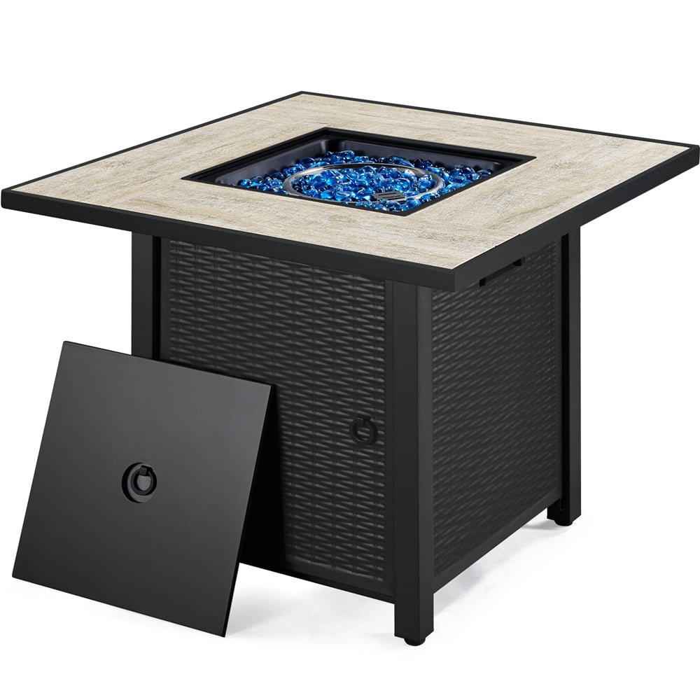 Topeakmart 30'' Outdoor Square Propane Fire Pit Table 50,000 BTU Gas w/ Ceramic Rattan Pattern Steel Base Glass Black