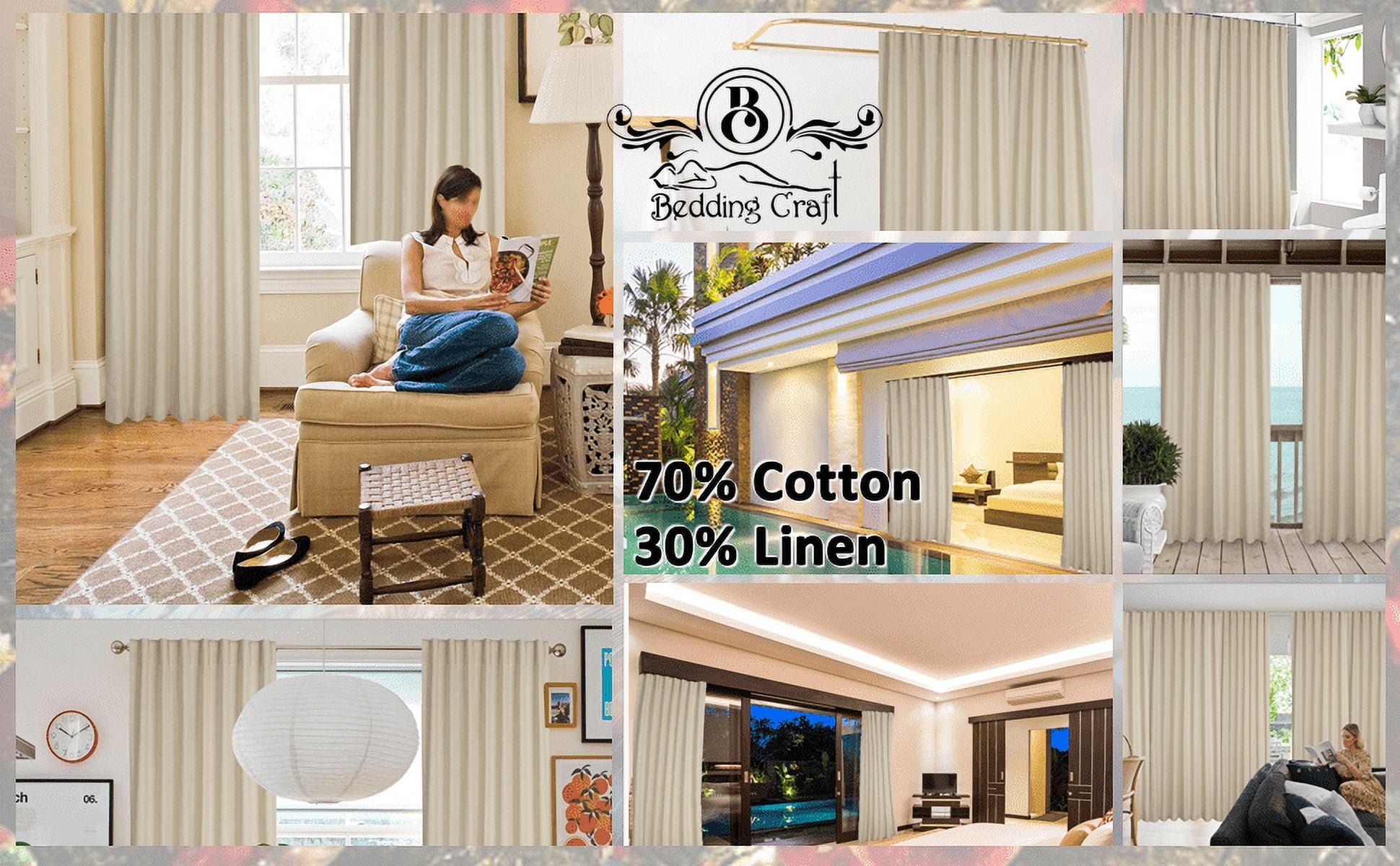 Bedding Craft Natural Cotton/Linen Window Panels Tab Top, Room Darkening Drapes, Set of 2, 50 x 63 inch, White