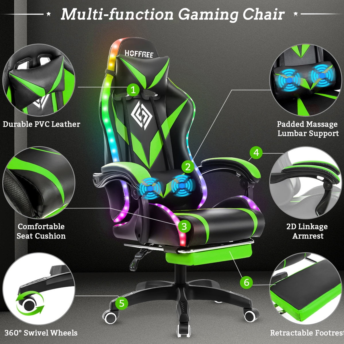 HOFFREE Gaming Chair with RGB LED Lights Ergonomic Computer Chair with Massage Lumbar Pillow Linkage Armrest Reclining Leather Video Game Chair Racing Style for Home Office
