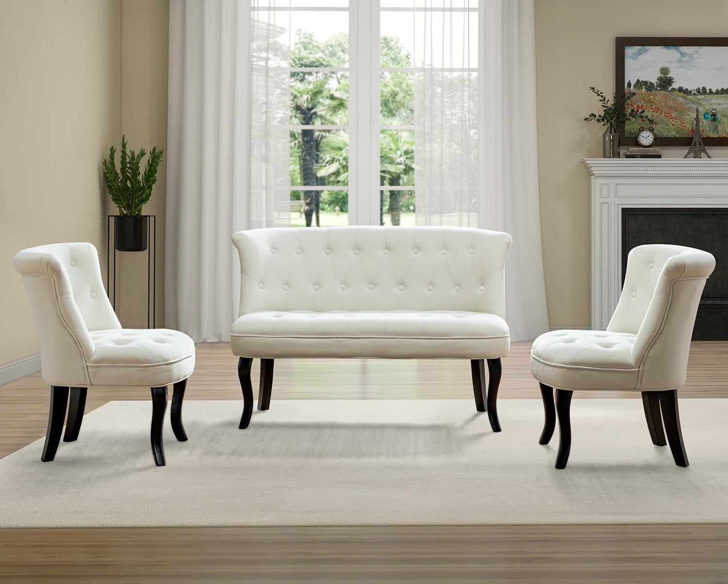 14 Karat Home Velvet Armless Accent Chair Upholstered Button Wooden Legs Bedroom Adult White