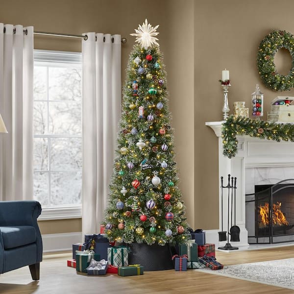 7 ft. Pre-Lit LED Sparkling Amelia Frosted Slim Pine Artificial Christmas Tree with 300 Warm White Micro Fairy Lights