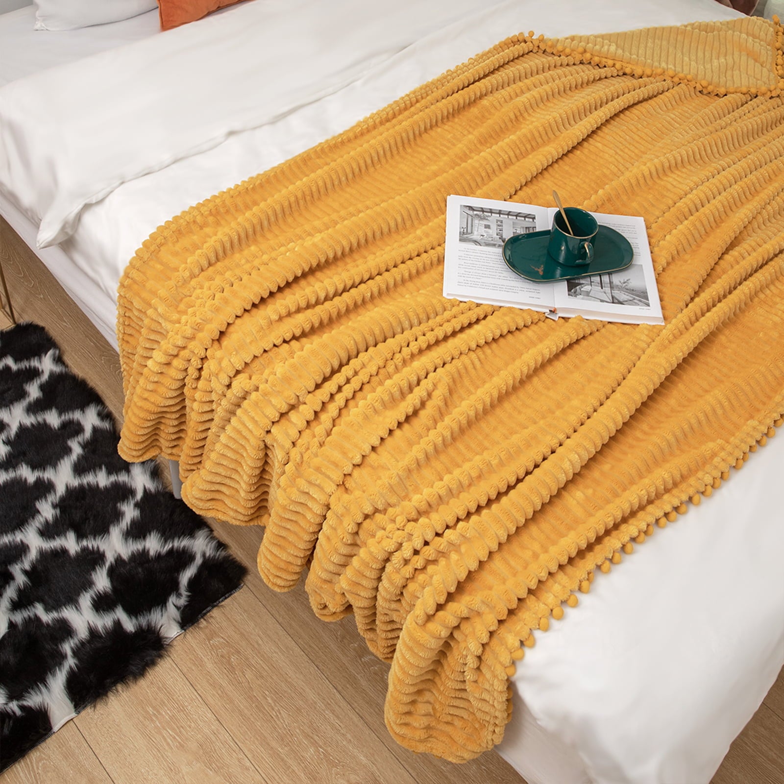 DISSA Flannel Fleece Blanket Soft Large Throw Blanket with Pompom Fringe Lightweight Cozy Plush Blanket Fit Sofa Bed(Mustard Yellow,51x63