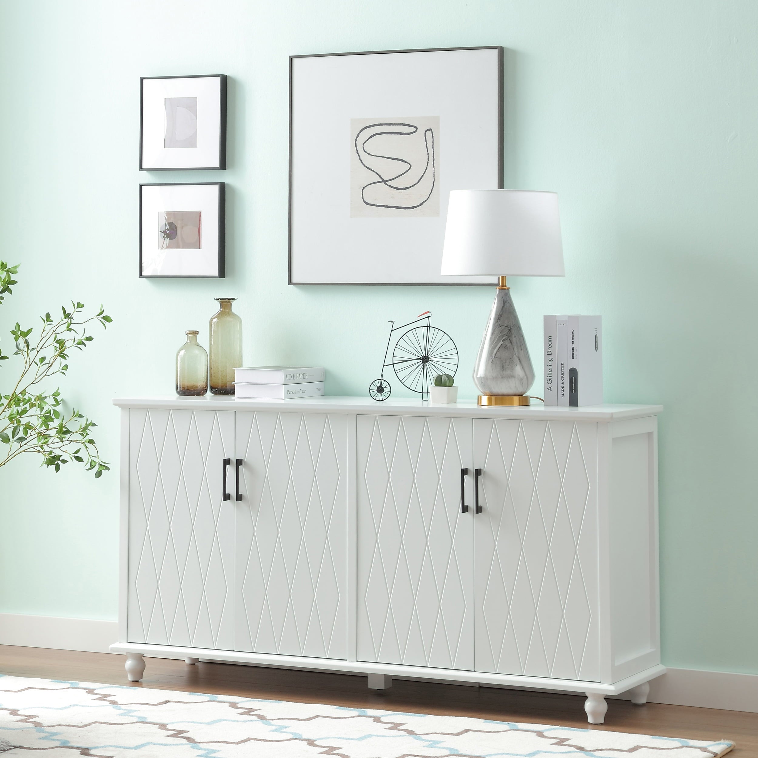 NOVALLA 62 Inch TV Stand Set, 2 Piece Entertainment Center, 1 Sideboard and 1 Tall Cabinets, TV Console Table for Living Room, Bedroom, Entryway, White